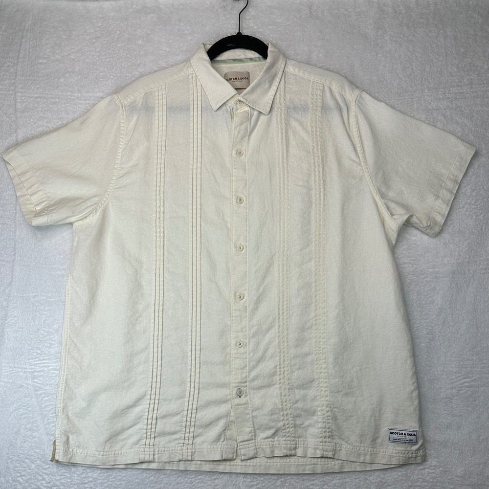 Scotch & Soda Pintuck Button Down Shirt Mens XL Cream Short Sleeve Linen Blend
